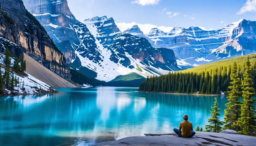 A traveler enjoying the serene view of Banff National Park, symbolizing relaxation with CBD