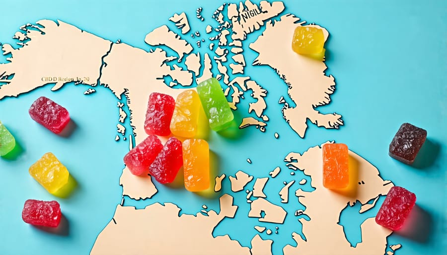 A variety of CBD gummies placed on a Canadian travel map, highlighting their use in travel