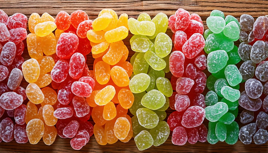 A diverse selection of colorful freeze-dried candies spread on a wooden table